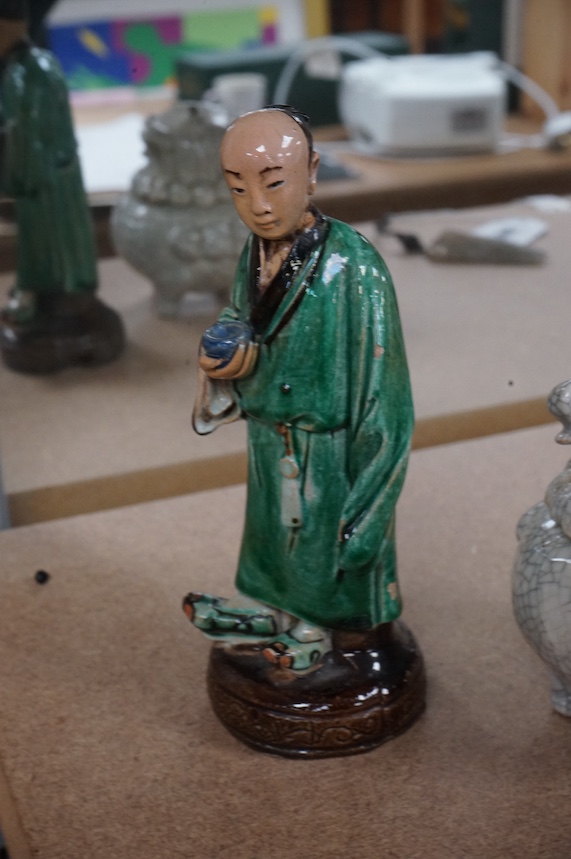 A Chinese crackle glaze 'luduan' censer and cover and a Shiwan figure of a man, 17cm. Condition - fair